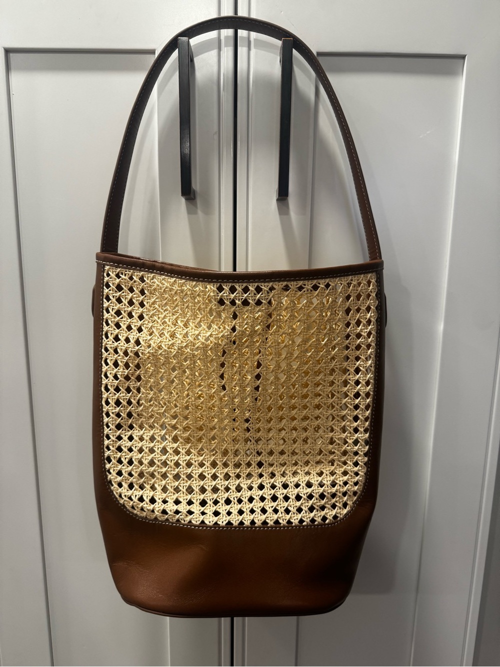 J Crew Berkeley Bucket Bag in faux raffia and leather NWT